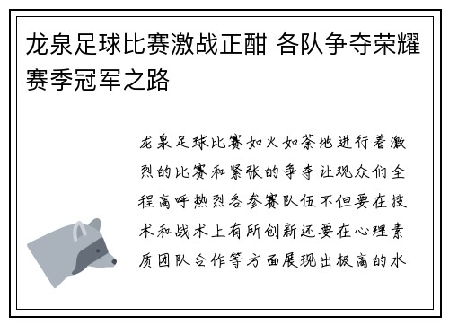 龙泉足球比赛激战正酣 各队争夺荣耀赛季冠军之路
