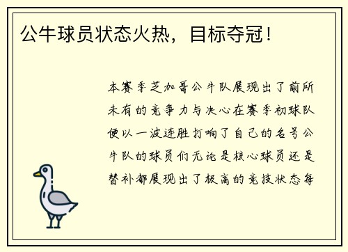 公牛球员状态火热，目标夺冠！