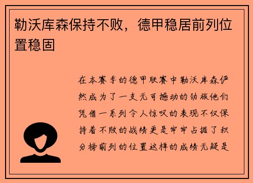 勒沃库森保持不败，德甲稳居前列位置稳固